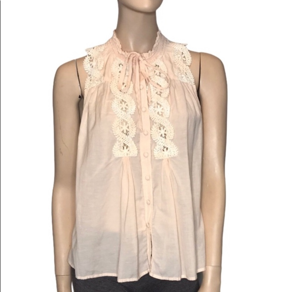 Free People Peach Lace Button Up Sleeveless Blouse - Picture 2 of 7